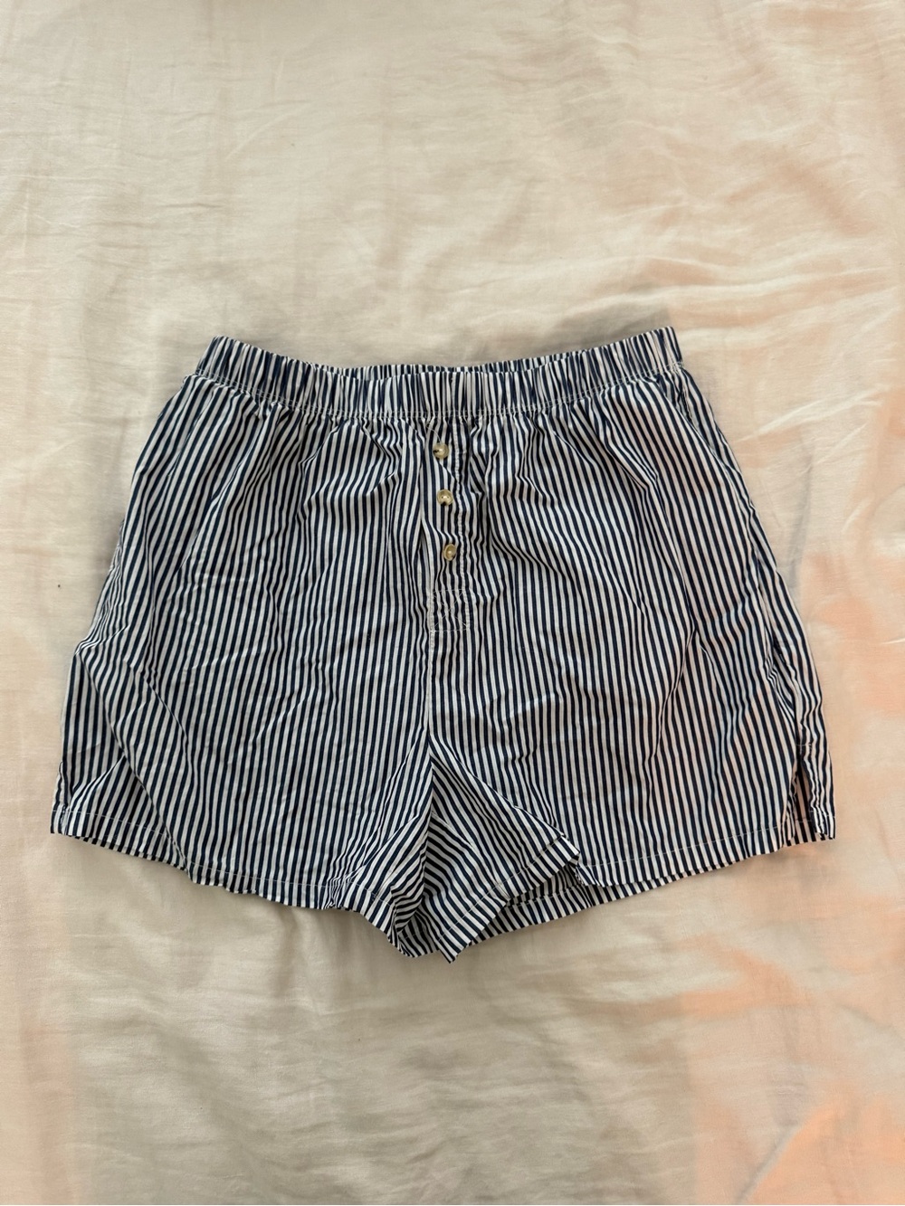 DONNI. Blue and White Striped High-Waist Button Shorts